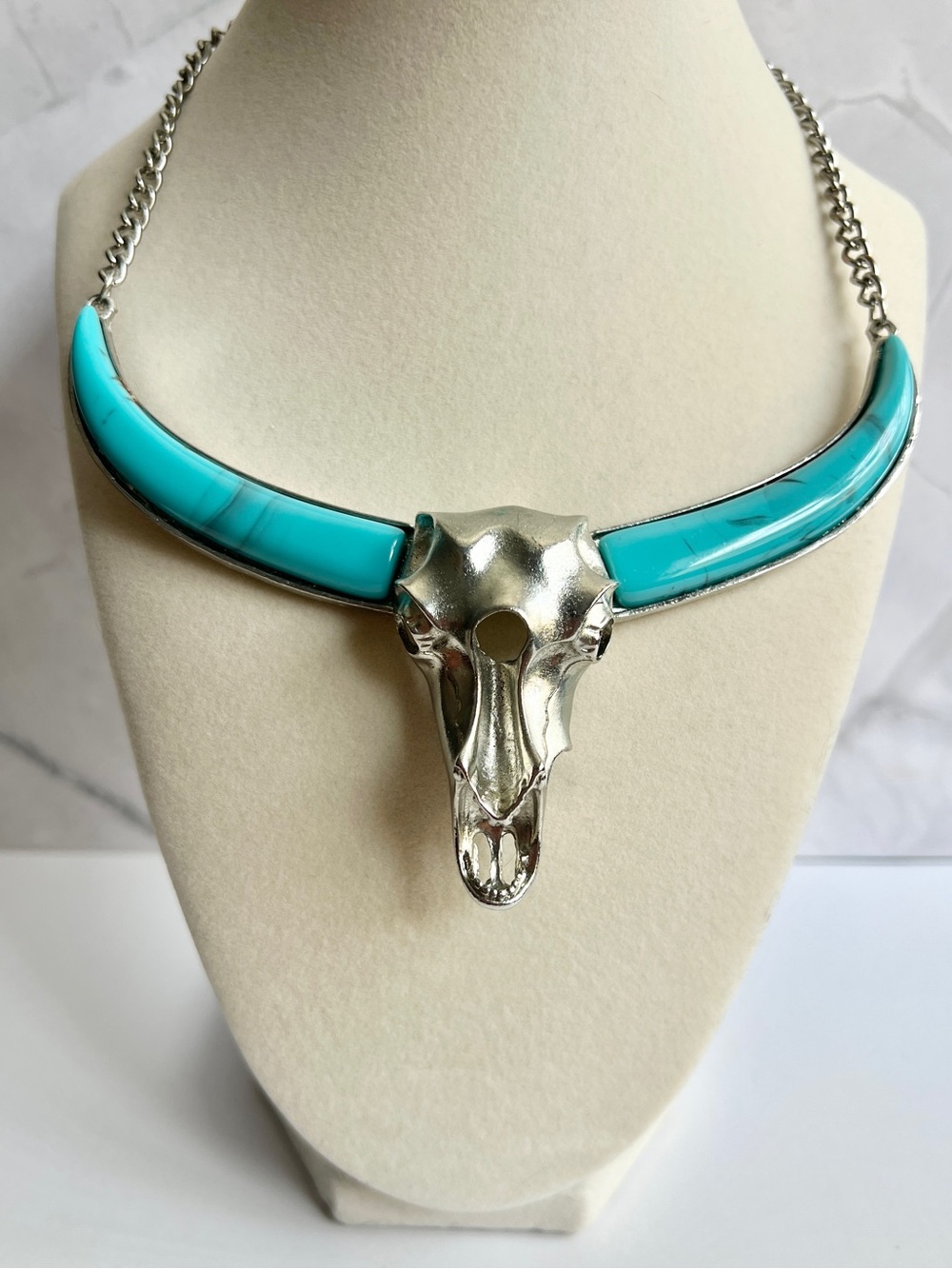 Turquoise Bull Skull Statement Necklace - Women's Jewelry - Picture 4 of 6
